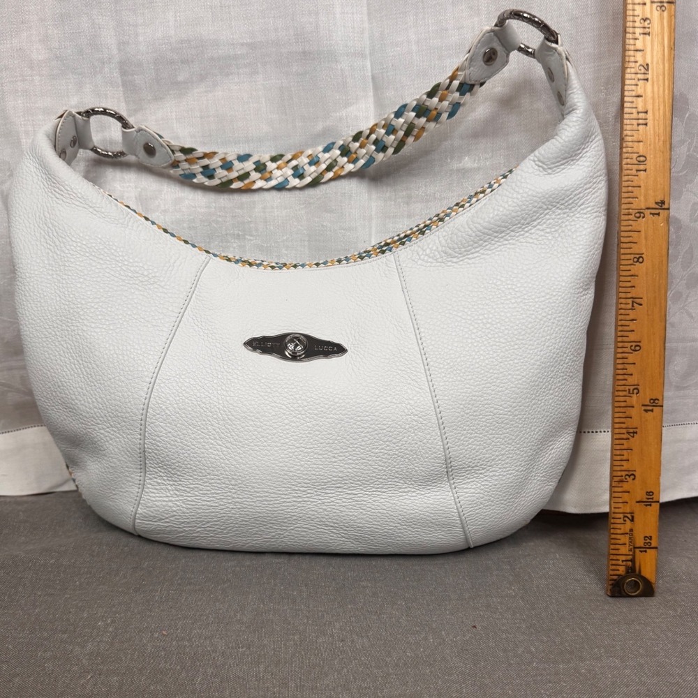 Elliott Lucca White Pebbled Leather‎ Hobo Bag Braided Multi Color Strap Tassel